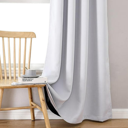 ChrisDowa 100% Blackout Curtains 90 inch Long for Bedroom with Black Liner, 2 Thick Layers Total Blackout Thermal Insulated Grommet Long Window Curtains 2 Panels Set (Greyish White, 52 x 90 Inch)