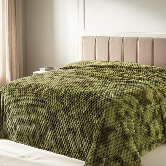 HOZY Queen Size Flannel Fleece Blanket, 90x90 Inches 3D Clouds Stylish Jacquard Velvet Plush Bed Blanket for Queen Full Bed, Tie-dye Olive Green