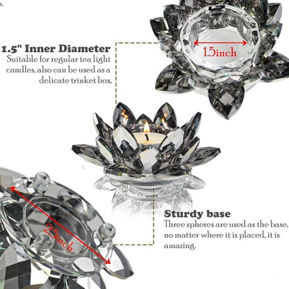 Lotus Black Crystal Candlestick 2-Piece Tealight Candle Set, Black Glass Votive Candle Holder for Tabletop Dining Table Center Decoration Ideal Candle Holder for Wedding Valentine's Day Decoration