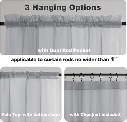 Chyhomenyc Sheer Valances for Windows 2 Pack, Small Window Curtains for Living Room Bathroom Cafe Laundry Basement, Modern Top Dual Rod Pocket Voile Curtain, 42W x 18L inches, Light Grey