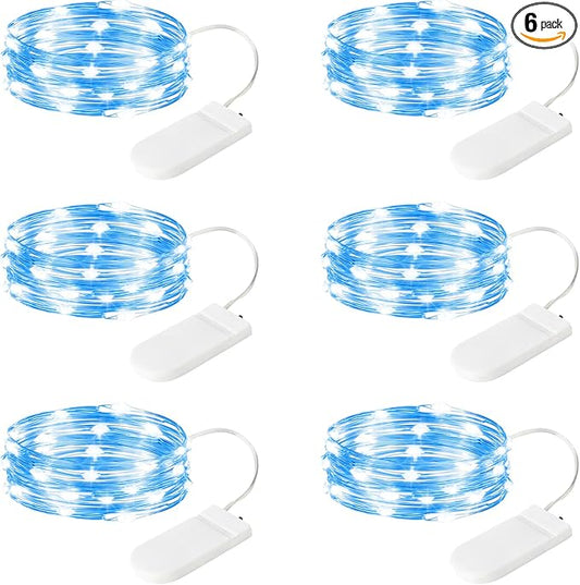 6 Pack LED Fairy Lights 7ft Battery Powered Waterproof Silver Wire 20 Led Mini String Mason Jar Lights for DIY Wedding Party Bedroom Patio Easter Christmas (Blue)