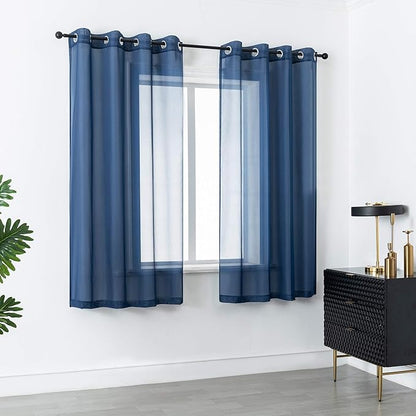 DUALIFE Navy Indigo Blue 54 Inches Sheer Curtains for Bathroom Small Windows with Grommet Semi Voile Drapes for Boys Room Kids Bedroom 52 x 54 Inch Length Set of 2 Panels Dark Blue