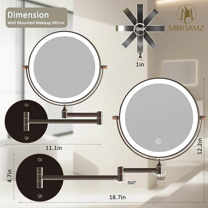 Rechargeable Wall Mounted Lighted Makeup Vanity Mirror 8 Inch Double Sided 1X 10X Magnifying Bathroom Mirror, 3 Color Lighting, Touch Screen Dimming, 360 Rotation Oil Rubbed Bronze