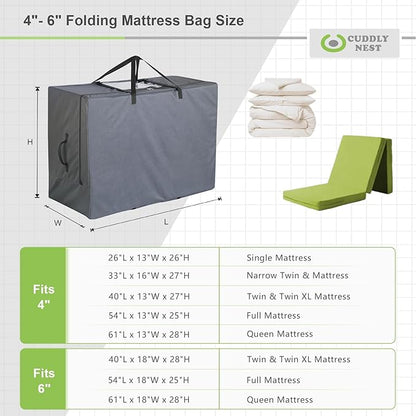 Cuddly Nest Folding Mattress Storage Bag - Heavy Duty Carry Case for Tri-Fold Guest Bed (Fits 6" Full Mattress,Grey)