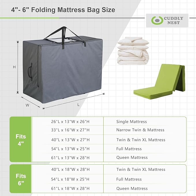 Cuddly Nest Folding Mattress Storage Bag - Heavy Duty Carry Case for Tri-Fold Guest Bed (Fits 6" Queen Mattress,Grey)