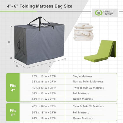 Cuddly Nest Folding Mattress Storage Bag - Heavy Duty Carry Case for Tri-Fold Guest Bed (Fits 6" Queen Mattress,Grey)