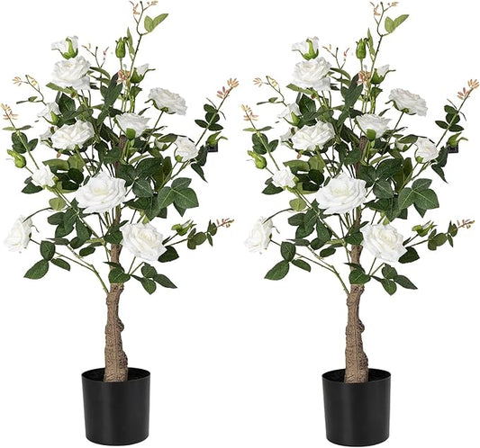 Artificial Rose Flower Trees 2 Pack- 38’’ Lifelike Plant in Pot with White Flowers Decorative Rose Trees for Home, Office, Wedding, and Event Decor, White