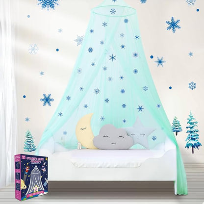 South to East Bed Canopy for Girls with Glowing Snow in The Dark, Cyan Princess Bed Curtains for Kids Bed & Toddler Bed, Twin, Full & Queen, Mosquito Net Canopy for Girls
