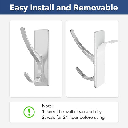 Self-Adhesive Coat Hooks for Hanging - Heavy Duty Stainless Double Wall Hook for Towel, Backpack, Hat, Sturdy Metal Hanger for Bathroom, Bedroom, Door, Wall Mounted, 4-Pack, Silver, New