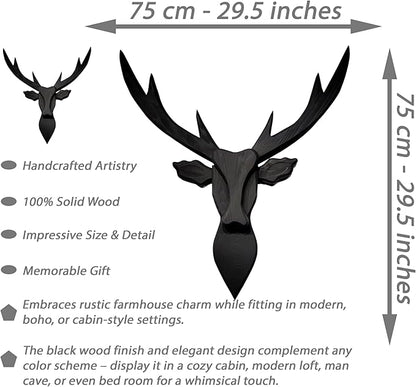 Handmade Wooden Deer Head Wall Mount - 29.5" Handcrafted Faux Taxidermy Deer Bust, Rustic Farmhouse Wall Decor Sculpture for Living Room, Entryway, Man Cave