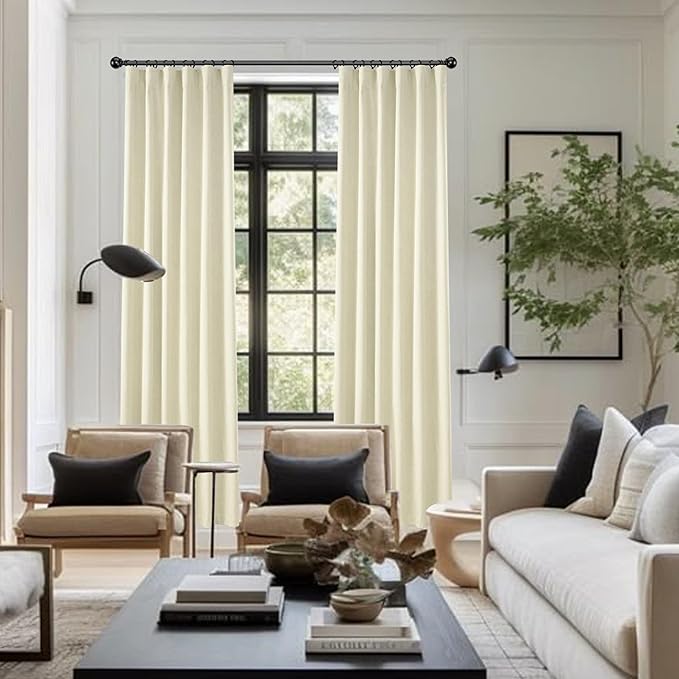 KangBang 100% Blackout Patio Door Curtains 84 Inch Wide, Pinch Pleat Modern Curtains for Cottage High Ceiling with Hooks, Faux Linen Textured Drapes Back Tab Rod Pocket 2 Panels,84Wx108L, Cream