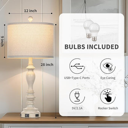 28" Table Lamps with USB C+A Ports & AC Outlets, Farmhouse Rustic Table Lamps Set of 2, Vintage End Table Nightstand Resin Bedside Lamp for Living Room Bedroom, Fabric Linen Shade Washed Antique Beige