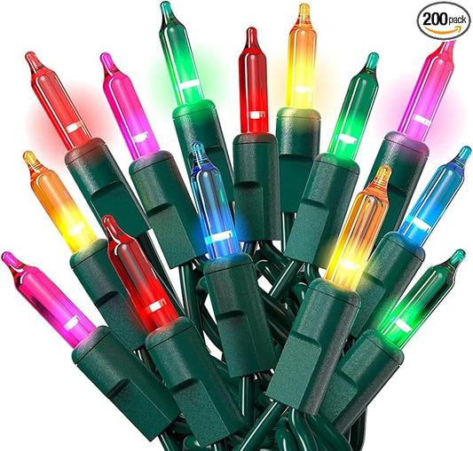 PREXTEX Multi Colored Christmas Tree Light String - Twinkle 200 Lights Mixed Color with Green Wire - 40 ft Outdoor Mardi Gras Lights for Holiday and Indoor Decorations