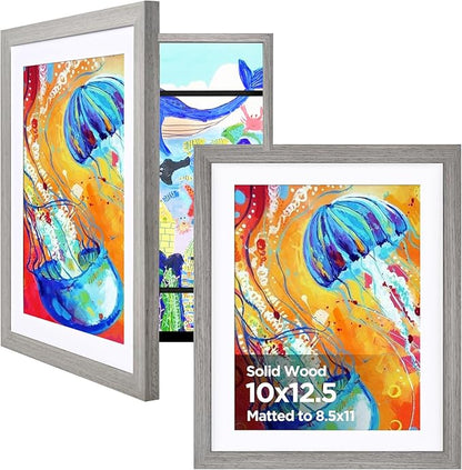 KINLINK 10x12.5 Kids Art Frames Set of 2, Solid Wood Kids Artwork Frames Changeable with Acrylic Front Opening Holds 150 Pictures, Art Frame for Kids Artwork with Mat or without Mat, Grey