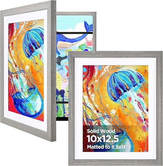 KINLINK 10x12.5 Kids Art Frames Set of 2, Solid Wood Kids Artwork Frames Changeable with Acrylic Front Opening Holds 150 Pictures, Art Frame for Kids Artwork with Mat or without Mat, Grey