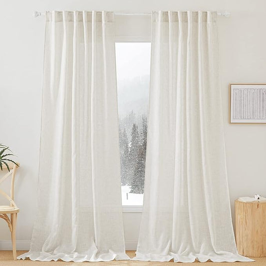 RYB HOME Semi Sheer Curtains 102 inches Long, Back Tab Light Filtration Half Privacy Window Curtains & Drapes for Bedroom Living Room, Linen, W 52 x L 102 inches, 2 Panels Set