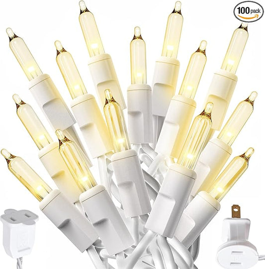PREXTEX 100-Count Warm White Christmas Lights - 20 ft Clear StringLights on White Wire - Incandescent Xmas TreeLights for Indoor and Outdoor Decorations