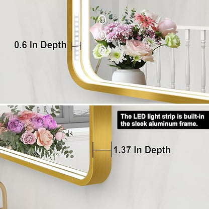 LED Bathroom Mirror with Lights, 48x28 Inch Gold Metal Framed LED Mirror for Bathroom, 3 Colors and Stepless Dimmable Wall Mounted Lighted Bathroom Vanity Mirror, Anti-Fog, Memory