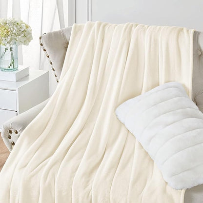 Walensee Fleece Blanket Plush Throw Fuzzy Lightweight (Queen Size 90x90 Cream) Super Soft Microfiber Flannel Blankets for Couch, Bed, Sofa Ultra Luxurious Warm and Cozy for All Seasons