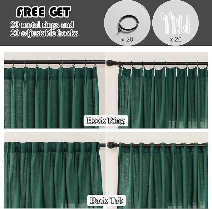 Emerald Green Linen Pinch Pleated Sliding Door Curtains Semi Sheer, 2x50 Inches Width, Hunter Light Filtering Drapes 108 Inches Long, Dark Textured Floor to Ceiling Window Curtain Panels