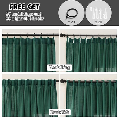 Emerald Green Linen Pinch Pleated Sliding Door Curtains Semi Sheer, 2x50 Inches Width, Hunter Light Filtering Drapes 108 Inches Long, Dark Textured Floor to Ceiling Window Curtain Panels
