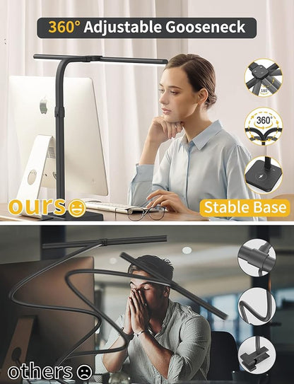 LED Desk Lamp for Home Office, Double Head 24W with Base, Architect Light 5 Lighting Brightness Flexible Gooseneck Table Reading Study, Black