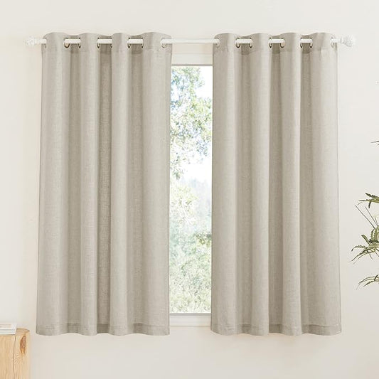 RYB HOME Semi Sheer Curtains - Linen Textured Blend Privacy Sheer Shabby Chic Window Treatment for Living Room Nursery Farmhouse Home Office Farmhouse, 52" Wide by 63" Long, Set of 2, Angora