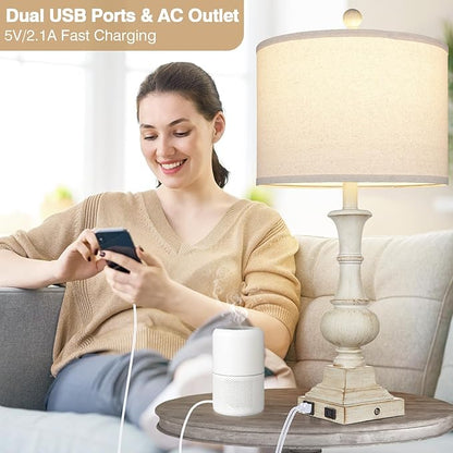 26" Farmhouse Table Lamps Set of 2, Rustic Touch Control Bedside Lamps with 2 USB Ports & AC Outlet, Vintage White Resin 3-Way Dimmable Nightstand Lamp Linen Fabric Shade for Living Room Bedroom Decor