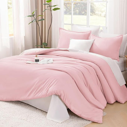 Litanika Comforters Pink Super King Plus Size, 3 Pieces Lightweight Solid Bedding Set & Collections, All Season Fluffy Bed Set (128x120In Comforter & 2 Pillowcases)