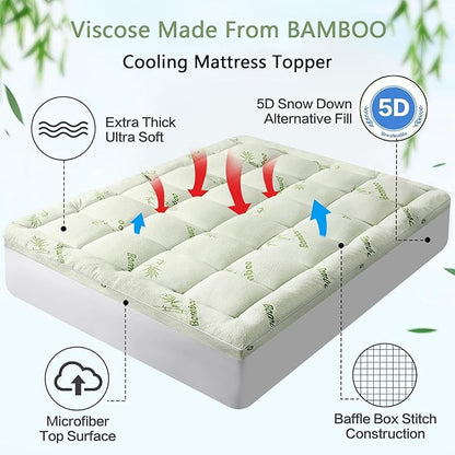 Premium Viscose Made from Bamboo Twin Size Mattress Topper for Back Pain, 1200 GSM Quilted Fitted Extra Thick Mattress Pad,Pillow Top Mattress Cover with Deep Pocket Up to 21 Inches（39 * 75inch）