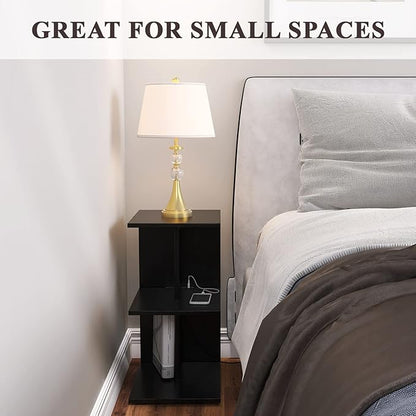 ZGREN End Table with Charging Station, Narrow Side Tables for Small Spaces USB Ports and Outlets Rolling Bedside Nightstand Sofa Couch Slim Shelf Night Stand Living Room, Bedroom, Black