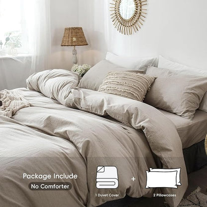 MooMee Bedding Duvet Cover Set 100% Washed Cotton Linen Like Textured Breathable Durable Soft Comfy (Heathered Tannish Linen Grey, Super King Plus 120"x120")