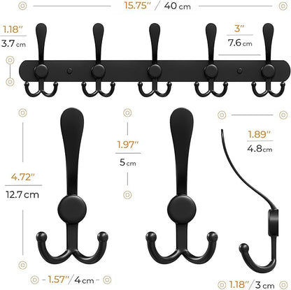 Coat Rack Wall Mount with 5 Tri Hooks, Stainless Steel 16 Inch – Black Matte Finish, Heavy Duty Wall Mounted Hook Rack for Coats, Hats, Towels, Scarfs, Robes, Bags, Entryway & Bathroom - 4 Pack