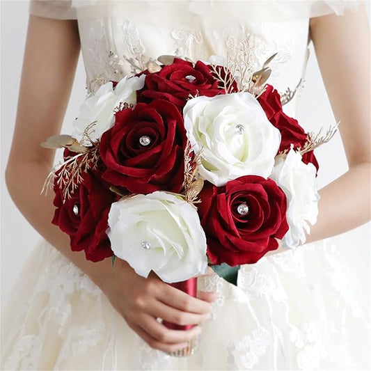 Wedding Bouquets for Bride Bridesmaid, Wine Red White Rose Artificial Flowers Bouquet Bouquet Bride Church Home Decoration