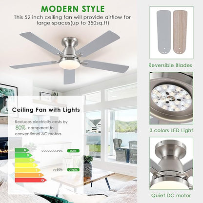 Ceiling Fans with Lights, 52" Flush Mount Ceiling Fan with Light and Remote/APP Control, Low Profile, Modern Ceiling Fan Reversible, Dimmable, Noiseless, Ceiling Fan for Bedroom，Brushed Nickel