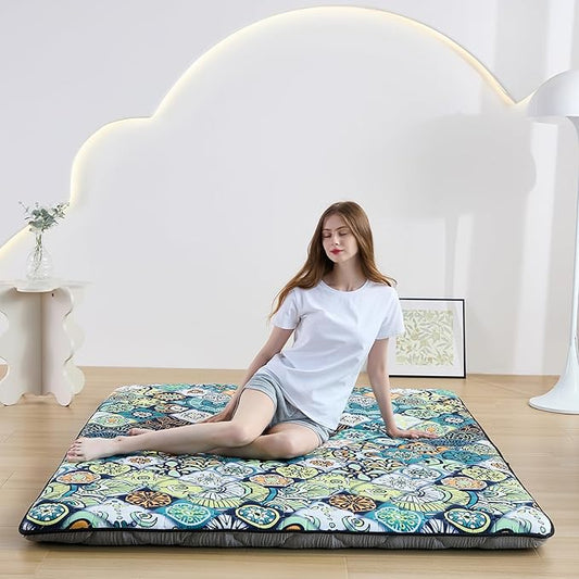 Japanese Floor Mattress Twin, Anti-Slip Japanese Futon Foldable Tatami Mat for Guests, Boho Green Checkered