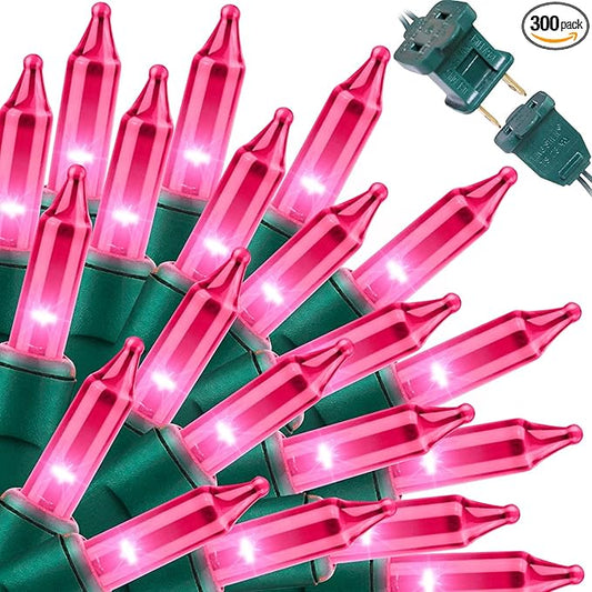 LAMPHOME Super-Bright Extendable Pink Christmas Lights Decoration 300Lights 63.8ft(2pk of 150L) UL Certified Mini Bulb String Lights Set for Outdoor Christmas Tree Garden Holiday Party Patio Decor