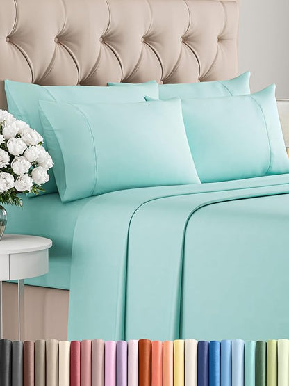 Full 6 Piece Sheet Set - Comfy Breathable & Cooling - Ultra Soft Hotel Luxury Bedding Set w/ 8-16 Inch Deep Pockets - 1 Flat & 1 Fitted Sheet & 4 Pillowcases - Wrinkle Free and Easy Care - Spa Blue