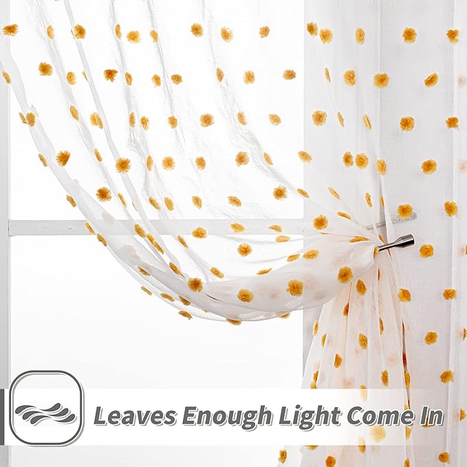 MYSKY HOME Large Pom Pom White Sheer Curtains for Living Room - 108 Inch Burnt Orange - Extra Long Light Filtering Rod Pocket Window Panels - 52 x 108 inch - 2 Pieces