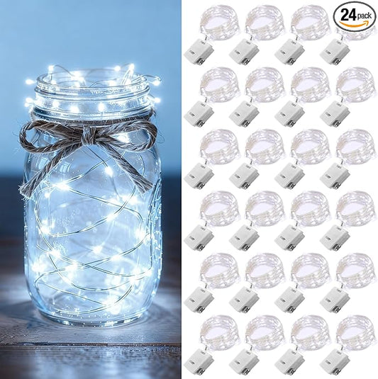 24 Pack Fairy Lights Battery Operated [3 Modes] 7ft 20 LED Mini Twinkle String Lights Waterproof Silver Wire Firefly Starry Lights for Wedding Party Mason Jars Christmas Decorations, Cool White