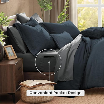 Monbix California King Comforter Set - 7 Pieces Cationic Dyeing Navy Blue Bed in a Bag Cal King Bedding Sets with Comforter, Sheets, Pillowcases & Shams, Reversible Bedding Comforters Sets(108 * 92)