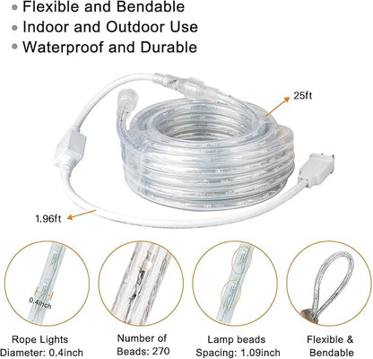 SURNIE Rope Lights Outdoor Waterproof Daylight White: LED 25FT Cuttable Outside Bright 110V Lighting 6000K Flexible Cool Clear Tube, Indoor Deck Patio Xmas Camping Decor, Not Flat Strip