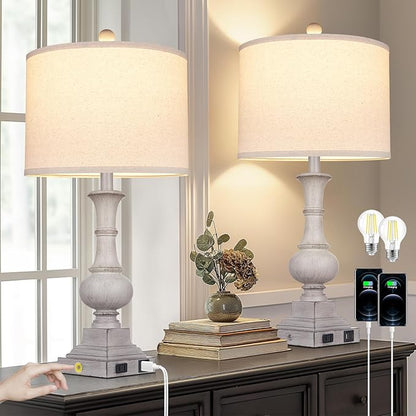 26" Farmhouse Table Lamps Set of 2, Rustic Touch Control Bedside Lamps with 2 USB Ports & AC Outlet, Vintage Resin 3-Way Dimmable Nightstand Lamp Linen Fabric Shade for Living Room Bedroom Decor Gray