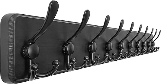 Dseap Coat Rack Wall - Heavy-Duty 38-1/4" Long, with Reinforced 10 Custom Tri-Hooks, Solid Wood Wall Hanger for Coats Hat Jackets - Rustic Farmhouse Entryway Hallway Storage, Black