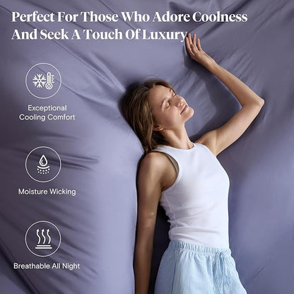LuxClub Queen Sheet Set, 100% Rayon Derived from Bamboo Cooling Sheets, Breathable & Soft Deep Pocket Up to 16", Hotel Luxury Silky Sheets Queen Size, Light Grey