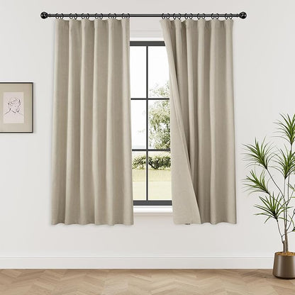 KangBang Blackout Linen Curtains 72 Inches Long for Bedroom,Thermal Insulated Back Tab Rod Pocket Pleated Sun Blocking Farmhouse Drapes with Clip Rings Made 52 Inch Wide by 72 Inch Length 2 PCs