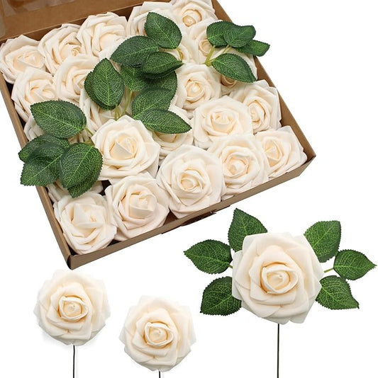 JOYLEX Artificial Flowers Realistic Roses, 50pcs Real Looking Fake Roses with Stem for DIY Wedding Bouquets Centerpieces Bridal Shower Party Home Romantic Decorations (Champagne)