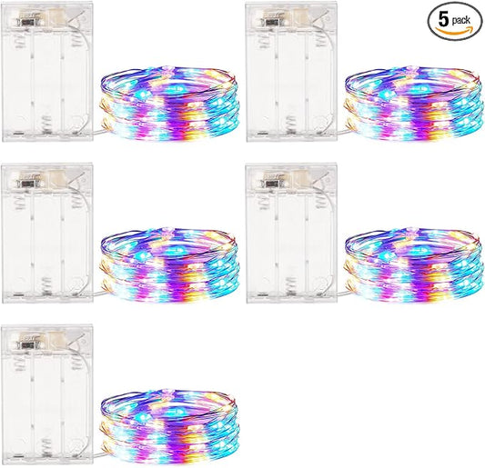 Minetom Fairy Lights Battery Operated, 5 Pack 7 FT 20 LED String Lights with Timer, Waterproof Silver Wire Fairy Lights for Bedroom Christmas Home Party Wedding Decorations, Multicolor