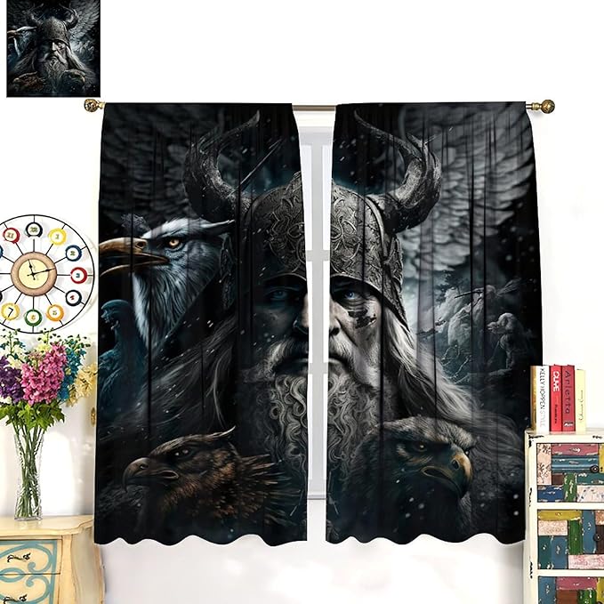 Fantasy Norse Viking Curtains,Cool Gothic Vintage Vikings Mystical Symbol Eagle Window Treatments Thermal Insulated Rod Pocket Blackout Drapes for Bedroom 2 Panels 72L x 31.5W