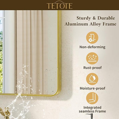 TETOTE Gold Framed Mirror 48 x 30 Vanity Mirrors for Wall Decor Brushed Gold Bathroom Mirrors, Tempered Glass, Modern Farmhouse Wall Mounted Mirror for Decorative(Horizontal/Vertical)